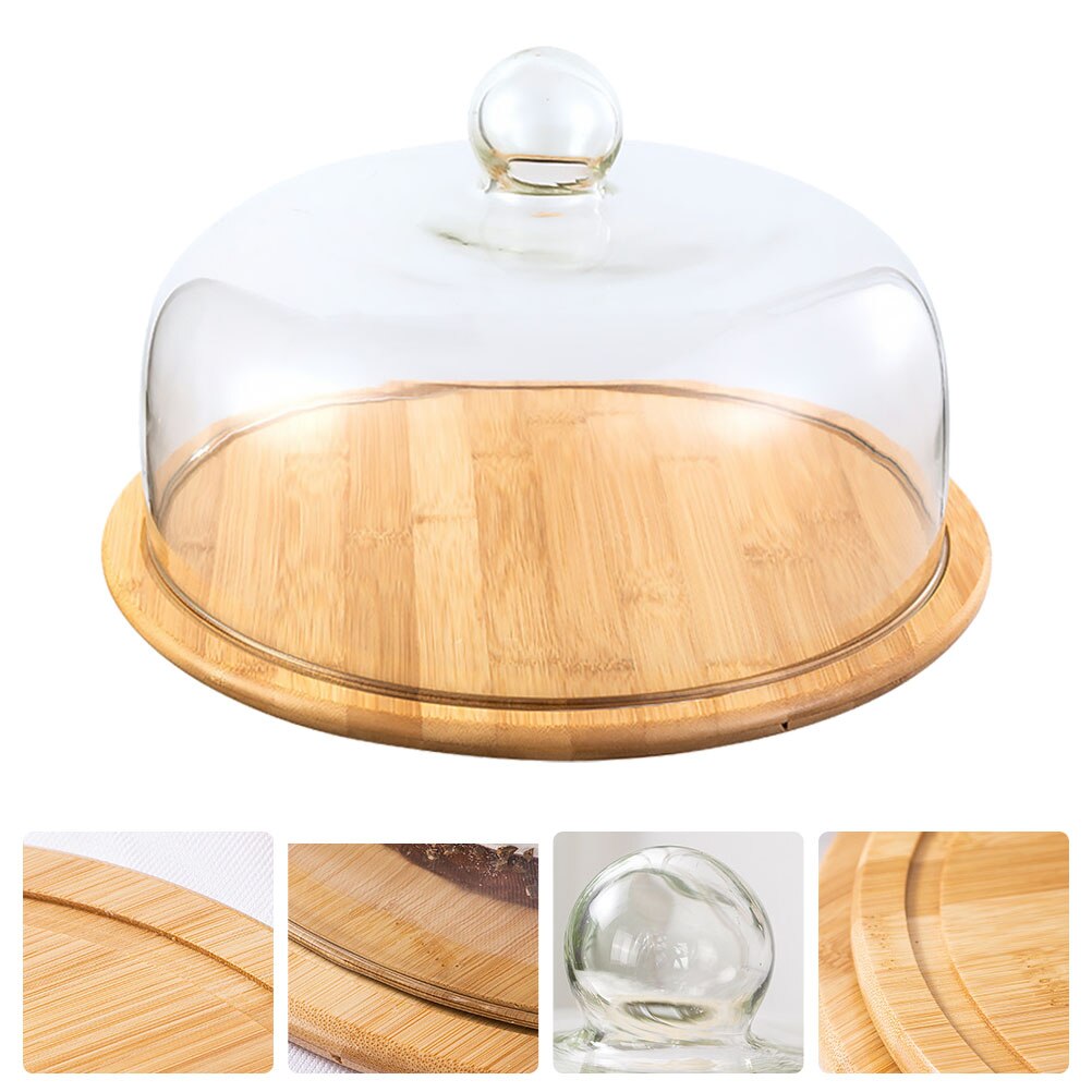 1 Set Plate Pastry Plate Convenient Snack Tray With Glass Cover Dustproof Cake Glass Cover Food Cover With Bamboo Wood Tray