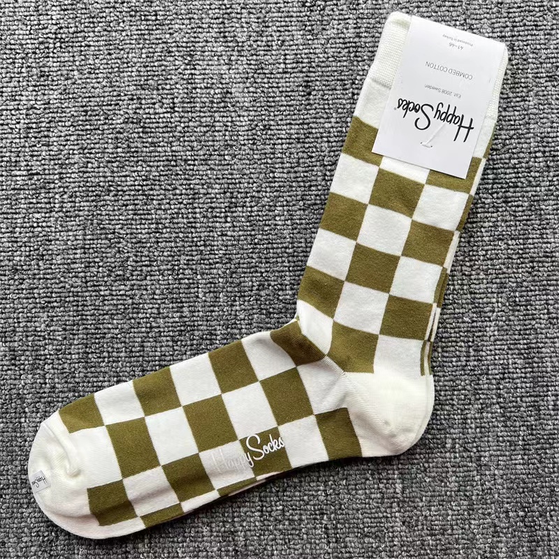 Happy Socks Men's Diamond Check Socks Four Seasons Pure Cotton Geometric Pattern Sports Socks Size 41-46