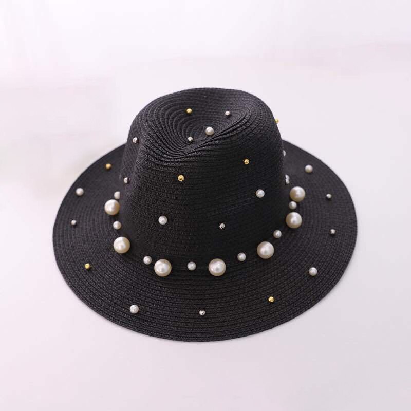 summer ladies spring hats flower beads wide brim jazz panama straw sun visor beach hat flower rivet pearl straw hat cap