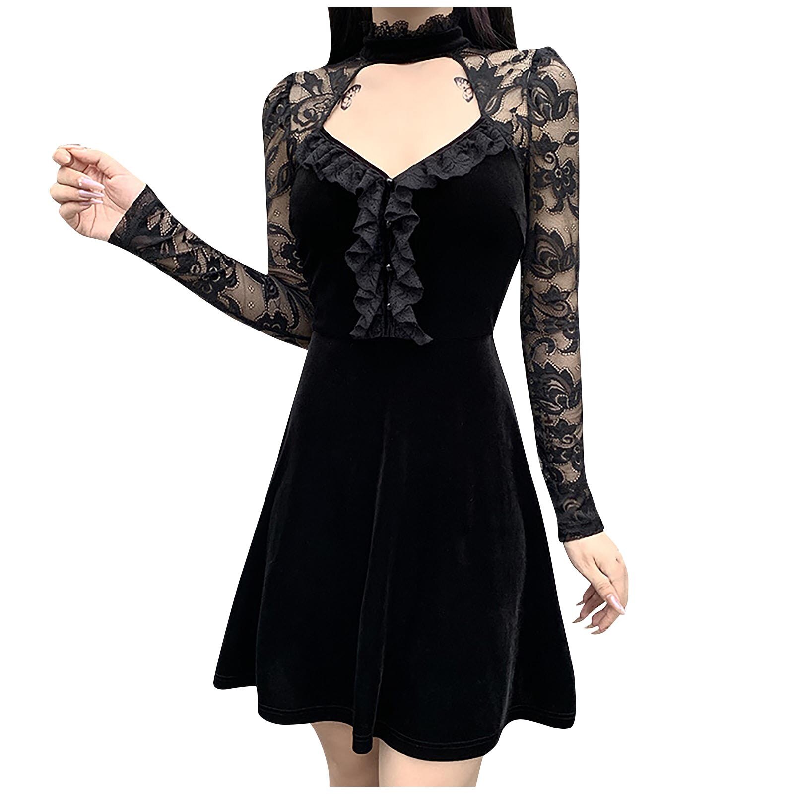 Women Gothic Dress Long Sleeve Hollow Out Lace Patchwork Punk Dress Autumn And Winter bodycon dress ropa de mujer: L