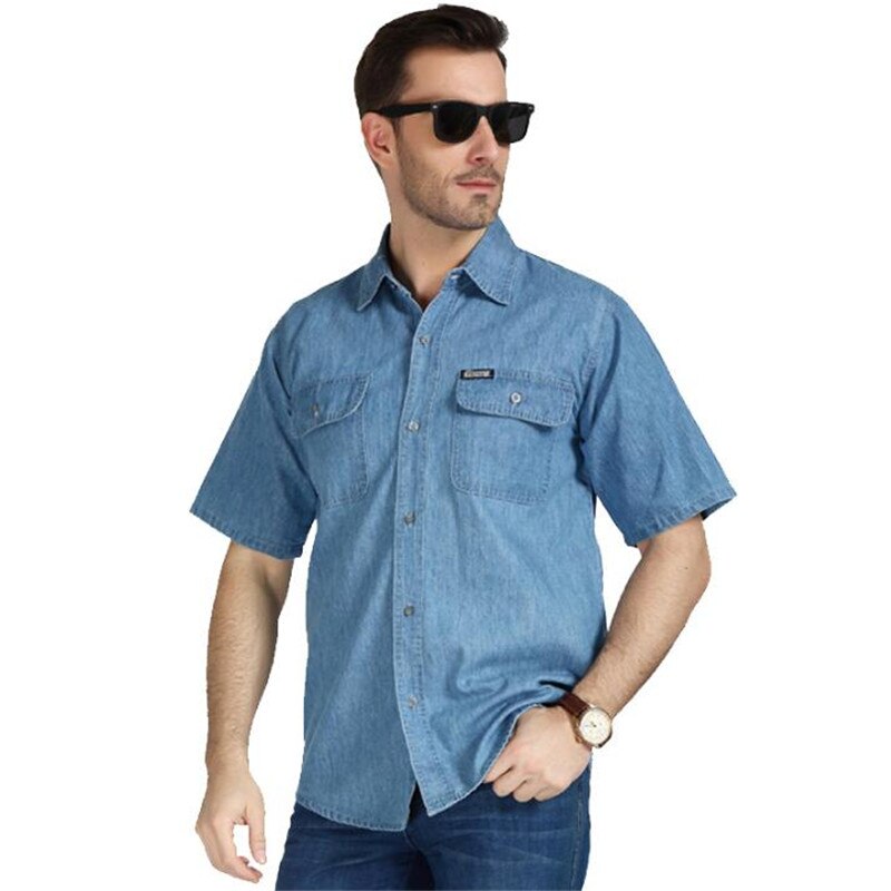 Plus size 3xl 4xl menn sommer denim skjorter kausal mannlige casual kortermede skjorter og topper sommer mann løse skjorter  a3605