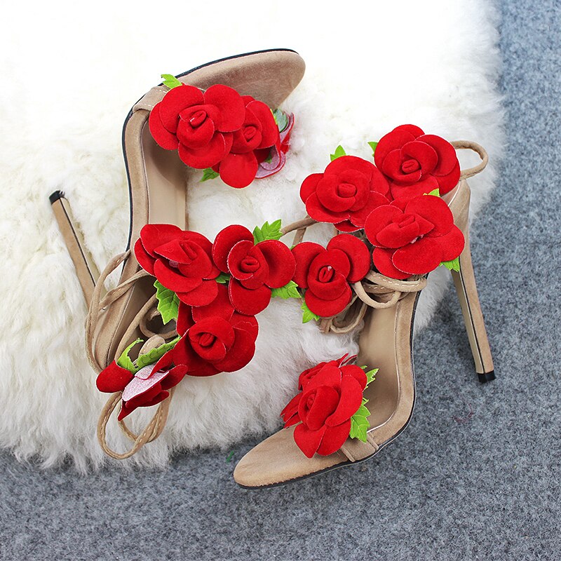 Sandalia de tacón alto con lazo flor rosa para mujer, zapatos de tacón alto con flores, con cordones, flor rosa roja