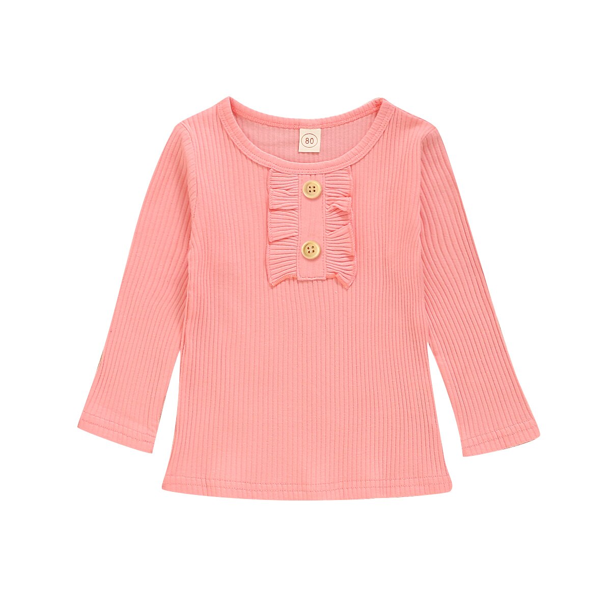 Herfst Winter Gestreepte Baby Meisjes Lange Mouw T-shirt Effen Kleur Ruche Decoratie Knop Klassieke Ronde Hals Lente Kleding: D / 100
