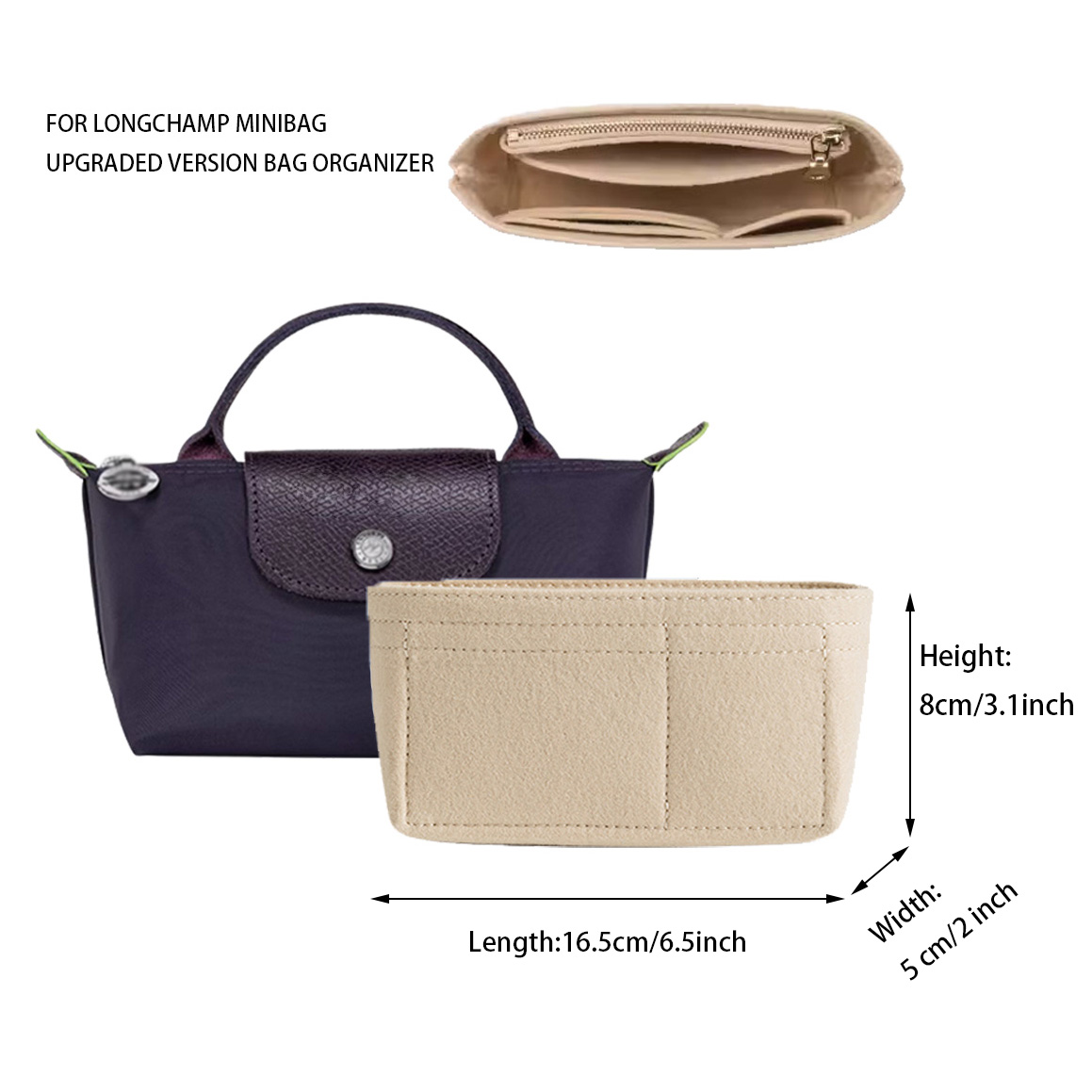 Bag Organizer For Longchamp Mini Bag Storage Bag The Liner Bag Felt Purse Insert Handbag Liner Bag: Rose Gold