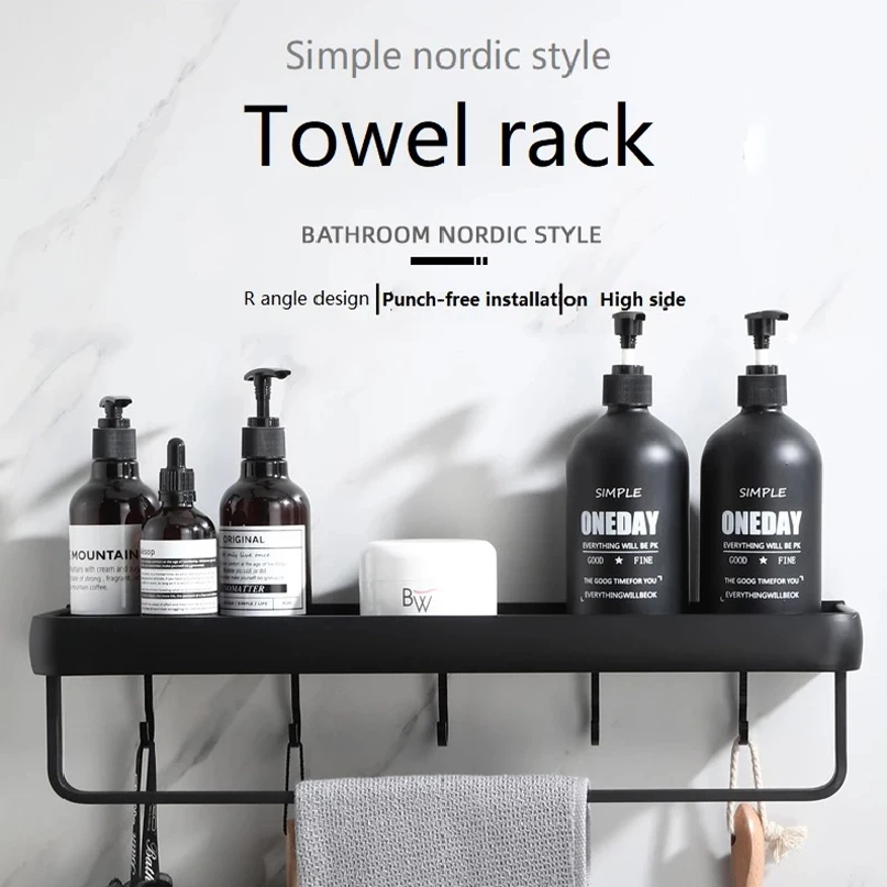 LARRO Douche Plank Zwarte Douche Caddy Wandmontage Douche Planken Lijm Geen Boor Ruimte Aluminium Voor Badkamer Vanity B60cm Maat B30cm