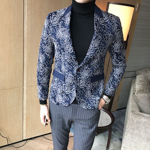 Classic Jacquard Suit Men Jacket Slim Business Banquet Men Blazer Jacket Asian Size S M XXXL 5XL Flower Dress Suit Men: blue   X18 / Asian size  XXXL