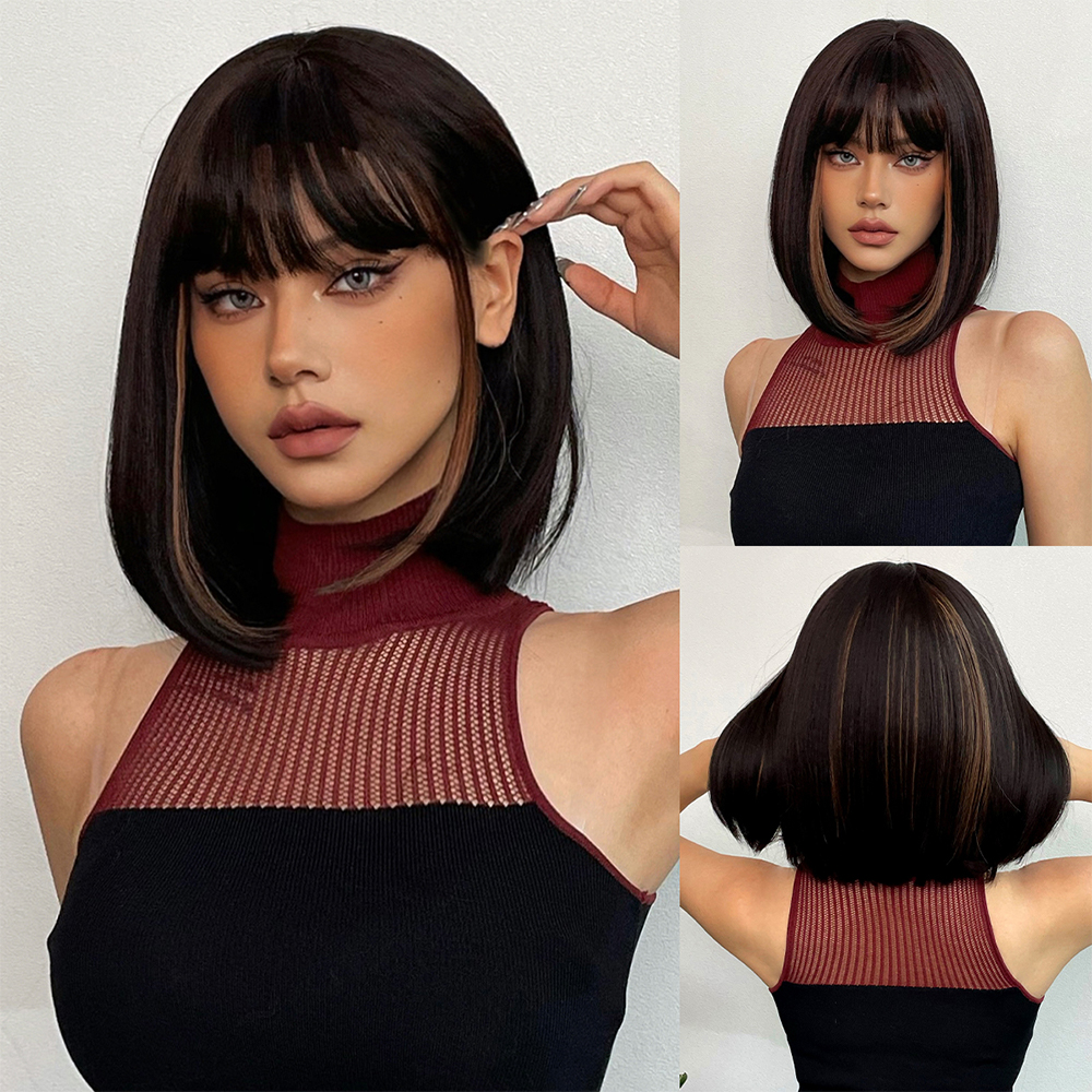 HENRY MARGU Bob perruques synthétiques courtes droites avec frange perruques de cheveux noirs pour les femmes perruques de fête Cosplay quotidiennes résistantes à la chaleur: 1B/30HL
