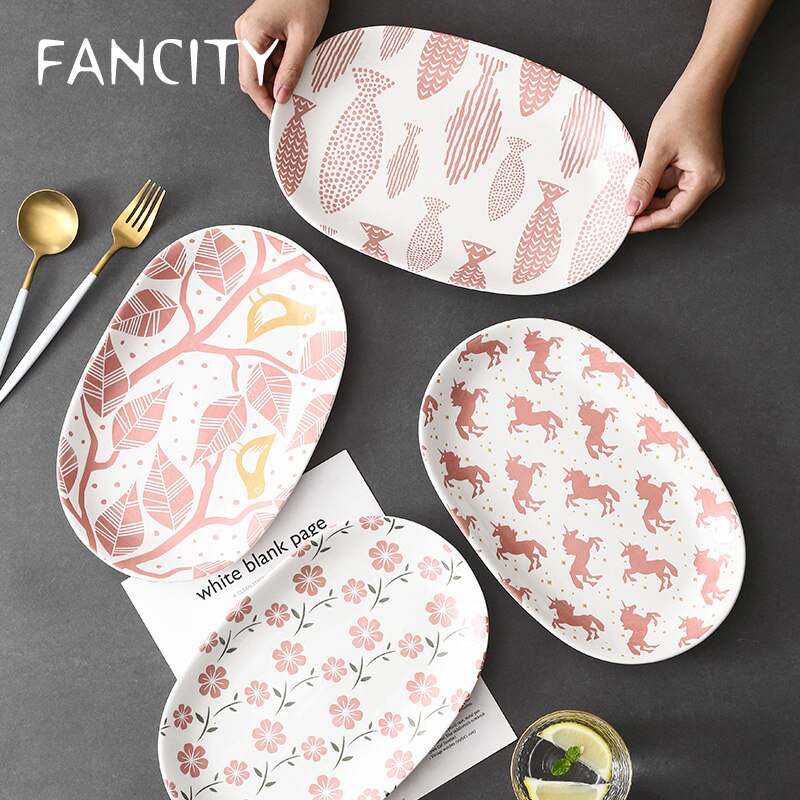 FANCITY Large fish plate, 12-inch oval plate, ceramic household bakeware, steamed fish plate, serving plate