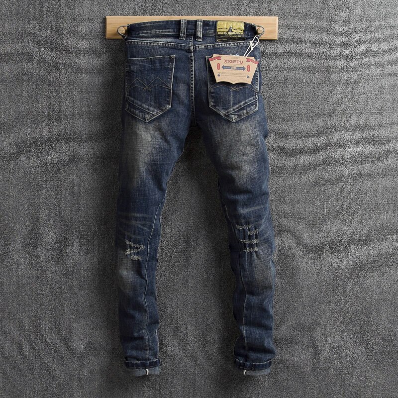 Streetwear hombre Jeans azul oscuro Slim Fit Retro rasgado Jeans hombres Denim Pantalones desgastados Vintage Hip Hop Jeans