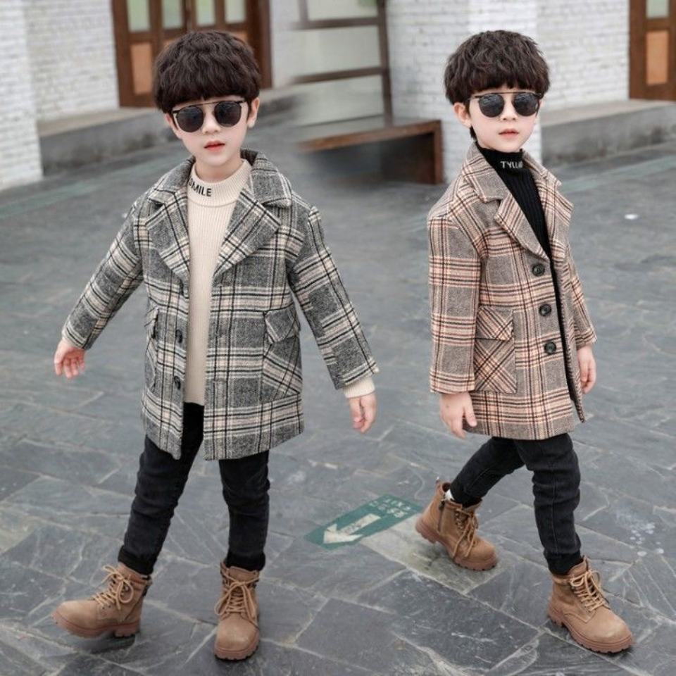 Herfst Winter Wollen Jassen Jas Kids Jongens Bovenkleding Casual Warm Turn-Down Kraag Tiener Kinderen Plaid Jassen Voor 3-12 Jongen