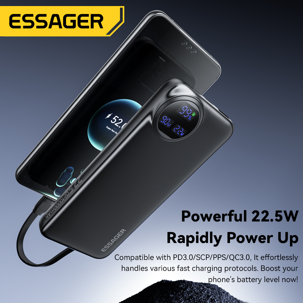 Essager Power Bank 20000mAh Portable Charger with Built-in Cable Digital Display Battery Capacity 22.5W For iPhone 15 14 13 pro