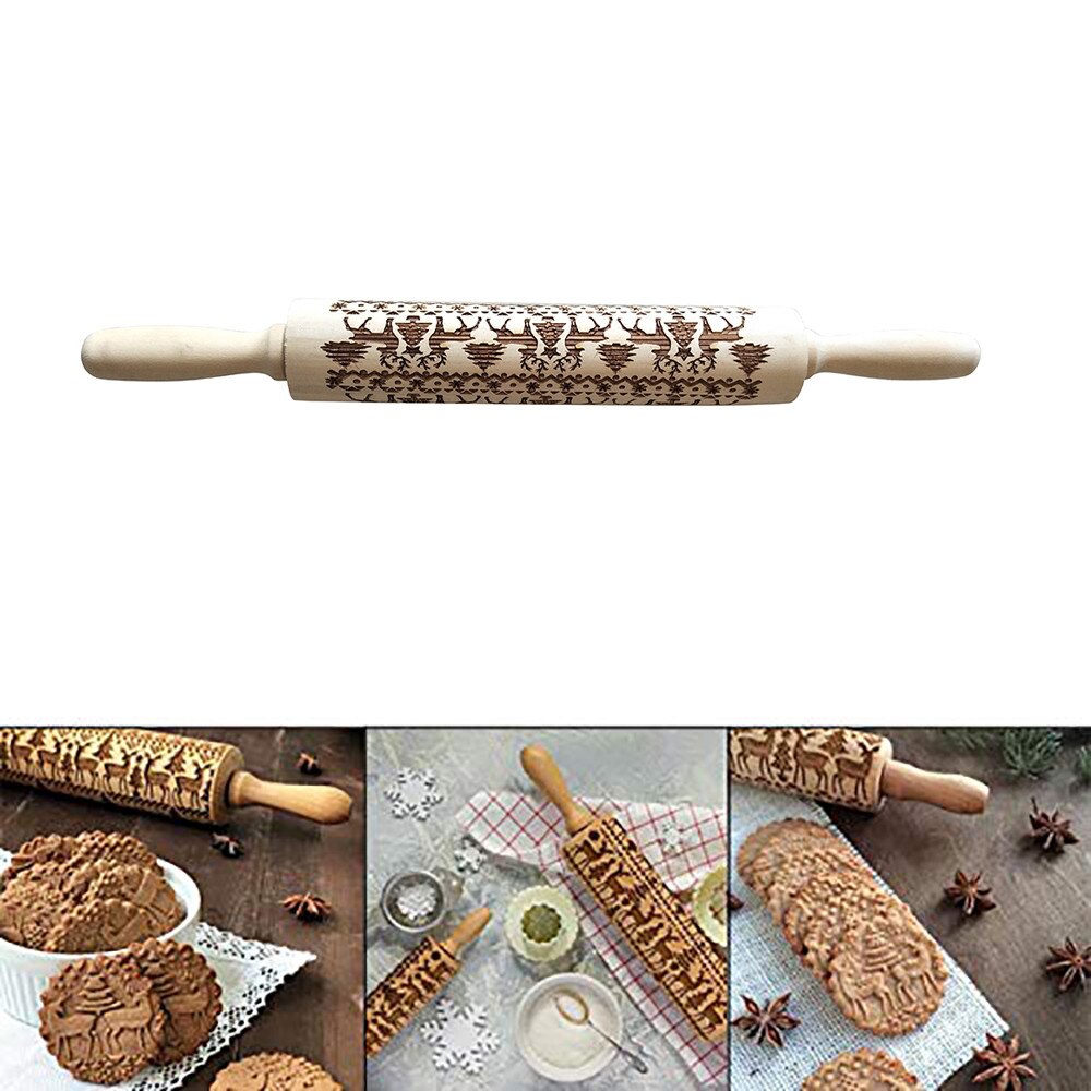 Weihnachten Geprägte rollen Stift Gravierte Holz Geschnitzt Backen Kekse Keks Fondant Kuchen Teig Rolle Rentier Schneeflocke Navidad