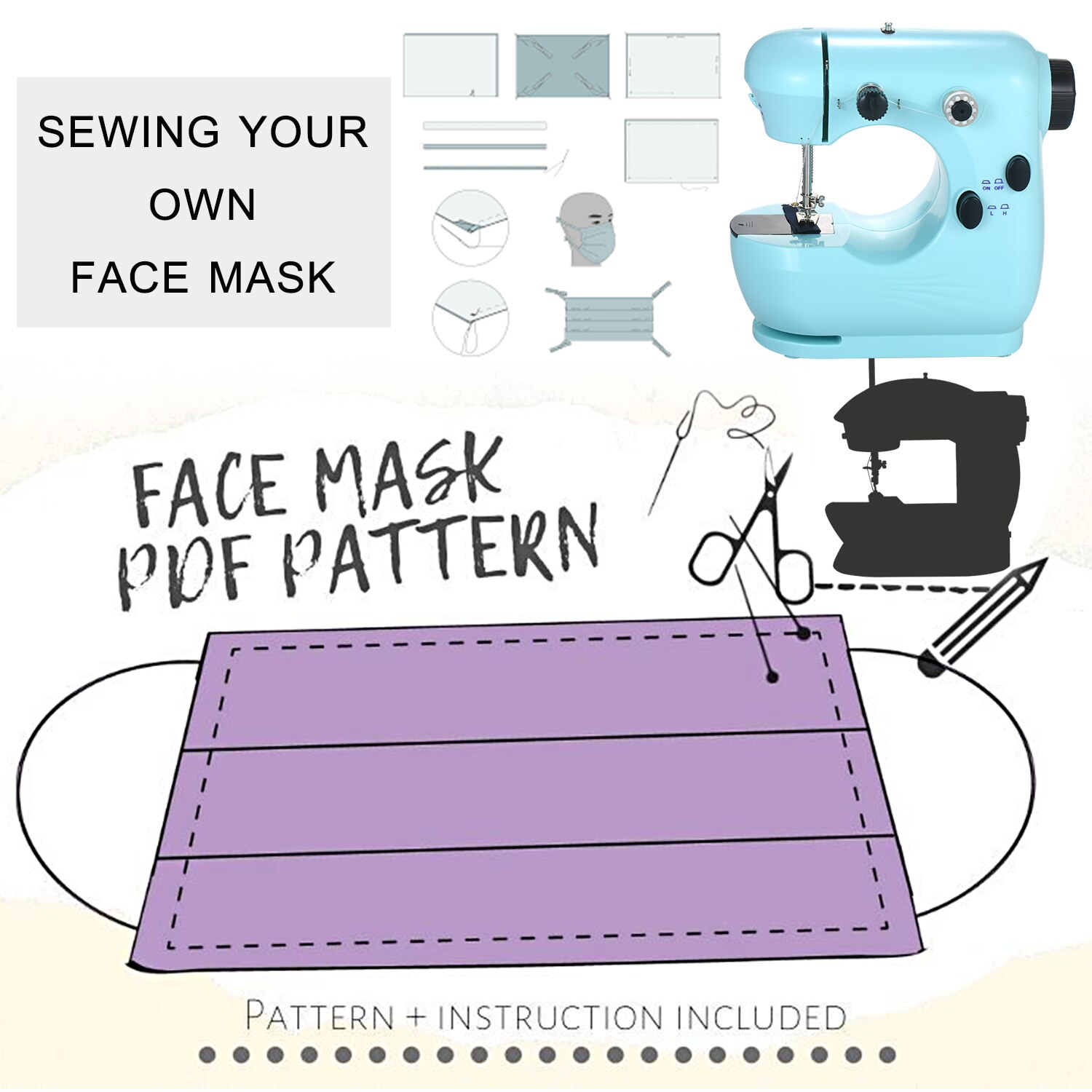 Mini Sewing Machine Multifunction Electric Micro-Sewing Machin Adjustable 2Speed Double Thread with Lights and Cutter Foot Pedal