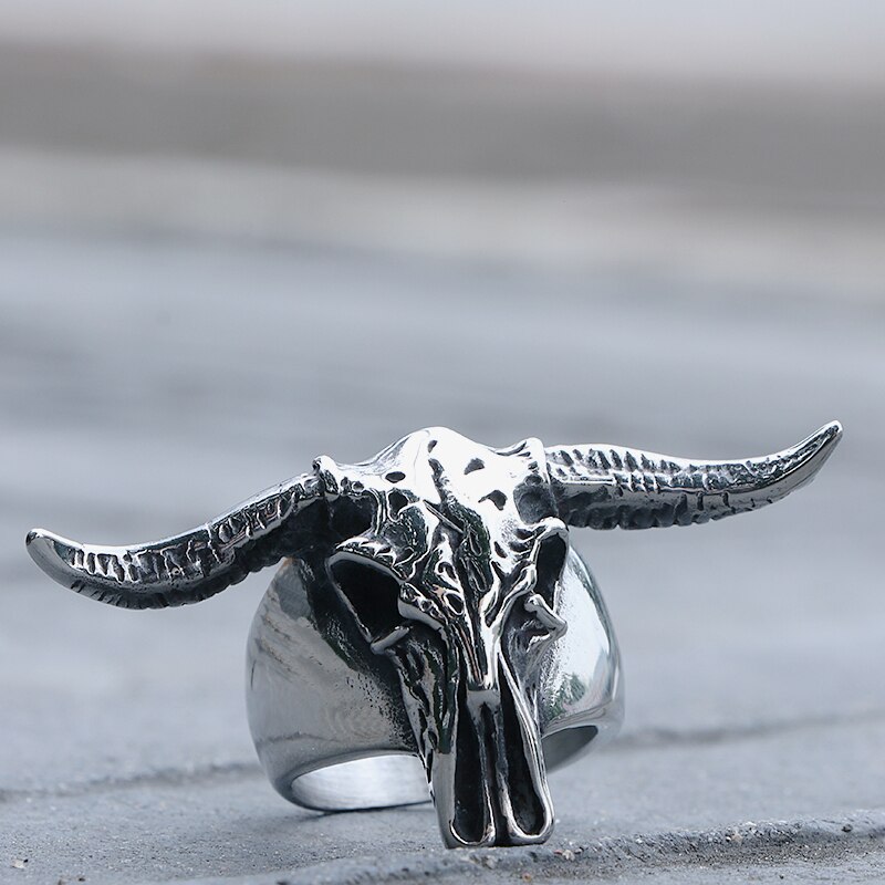 Gotisk rustfritt stål okse hodeskalle ring punk biker menn okse hode dyr ring kule smykker