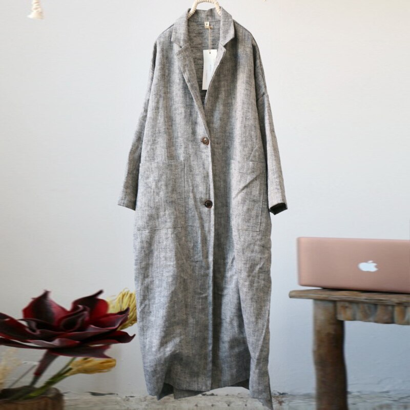 Johnature Women Linen Vintage Trench Coats Loose Turn-down Collar Windbreaker Autumn Gray Plus Size Women Clothes Trench