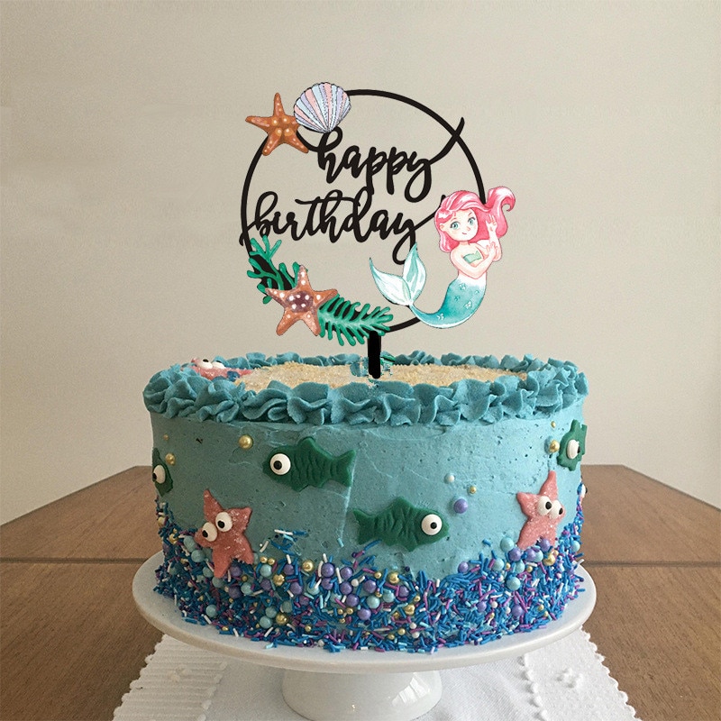 Färgglada ocean style cake topper sjöjungfru tårta topper baby girs brithday party dekoration grattis på födelsedagen akryl