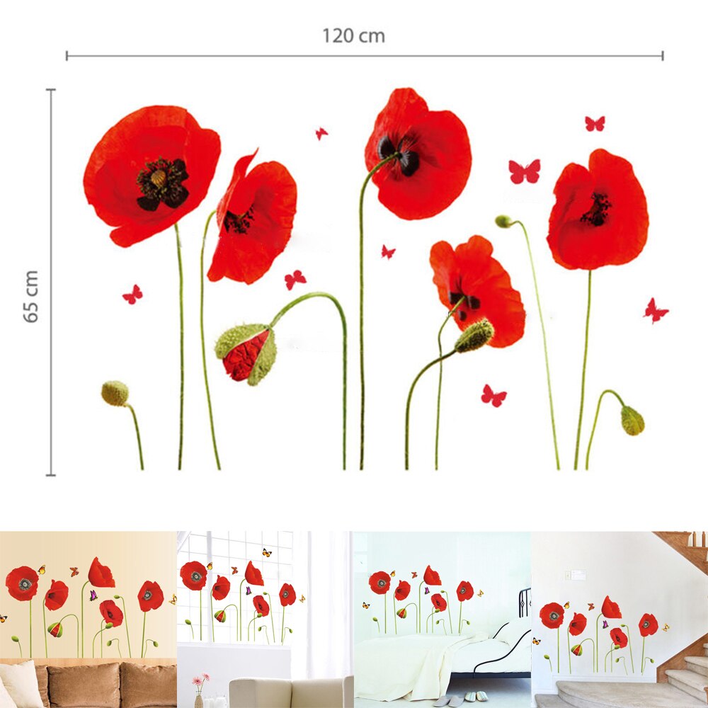 Graphics Wall Sticker PVC Window Ornament Red Poppy Flowers Butterflies