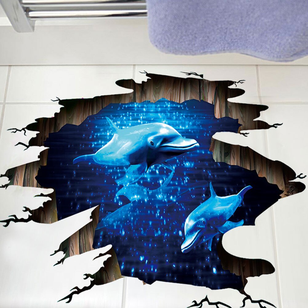 Leuke Dolfijn Oceaan Zee Badkamer Muurstickers 3D Mural Vinyl Art Decals