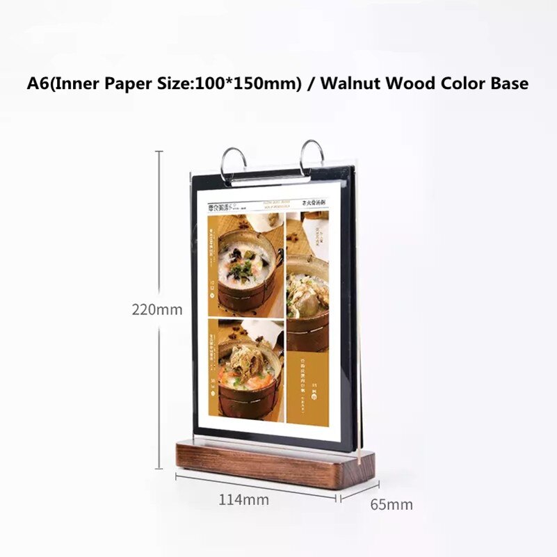 100*150mm akryl dobbeltsidet flip træ base bord kortskilt holder display stativ ramme restaurant menu papir prisliste  a6: Base af valnøddetræ