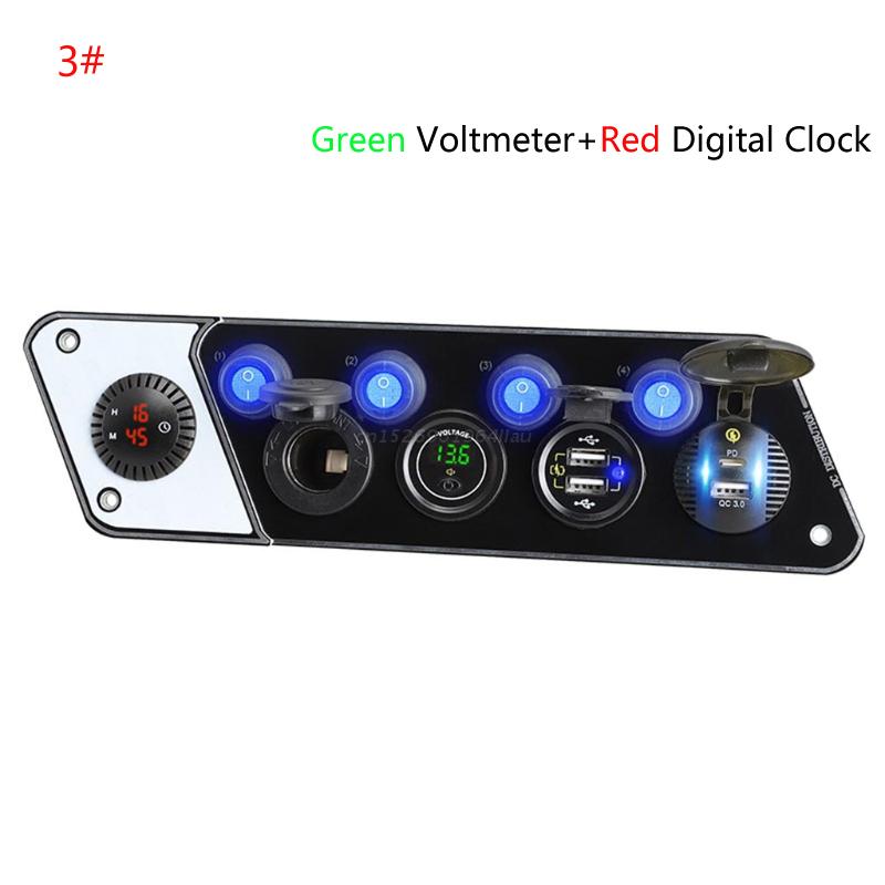 Multifunctional RV Phone Charger 12-24V PD QC3.0 Charging Socket with Voltmeter Digital Clock with 4 Switch: 3