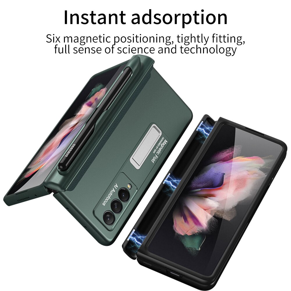 Magnetische Kickstand Pen Slot Telefoon Case Voor Samsung Galaxy Z Fold3 Vouw 3 5G Magnetische Fold Scharnier Case Armor shockproof Hard Cover