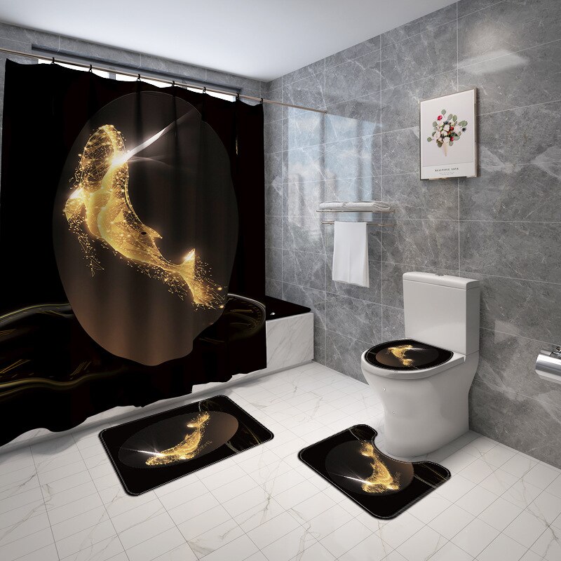 Guld badeværelset tæppe badeværelse bruseforhæng sæt skridsikker bademåtte toilet tæpper badeværelse dekoration bademåtte: 4 stk -705