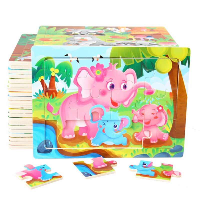 15*11cm 12pcs Wood Puzzle Kids Educational Toys Cartoon Animal/Traffic 3dD Wooden Puzzle Jigsaw Toys For Children