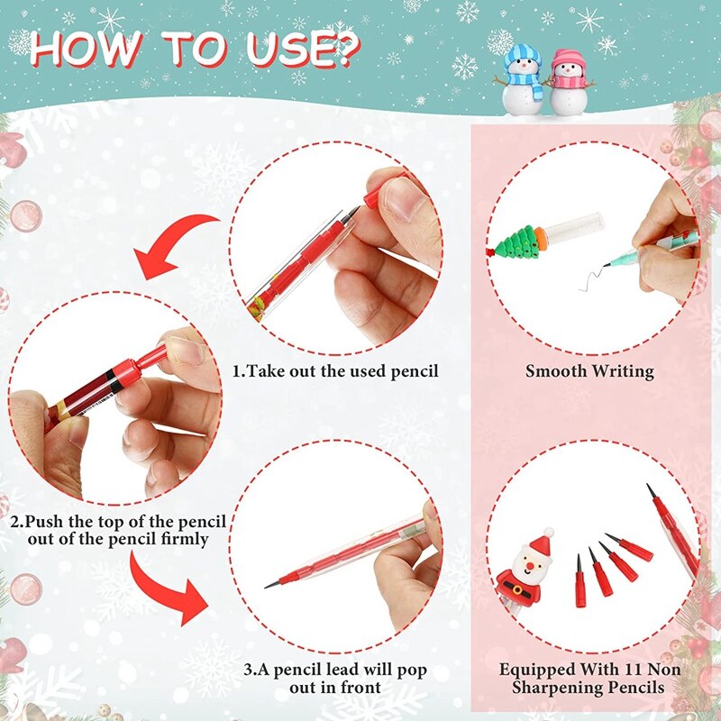 Christmas Pencils Multi Point Stackable Push Pencil with Santa Claus, Christmas Tree, Snowman, Elk for Kids (56Pcs)