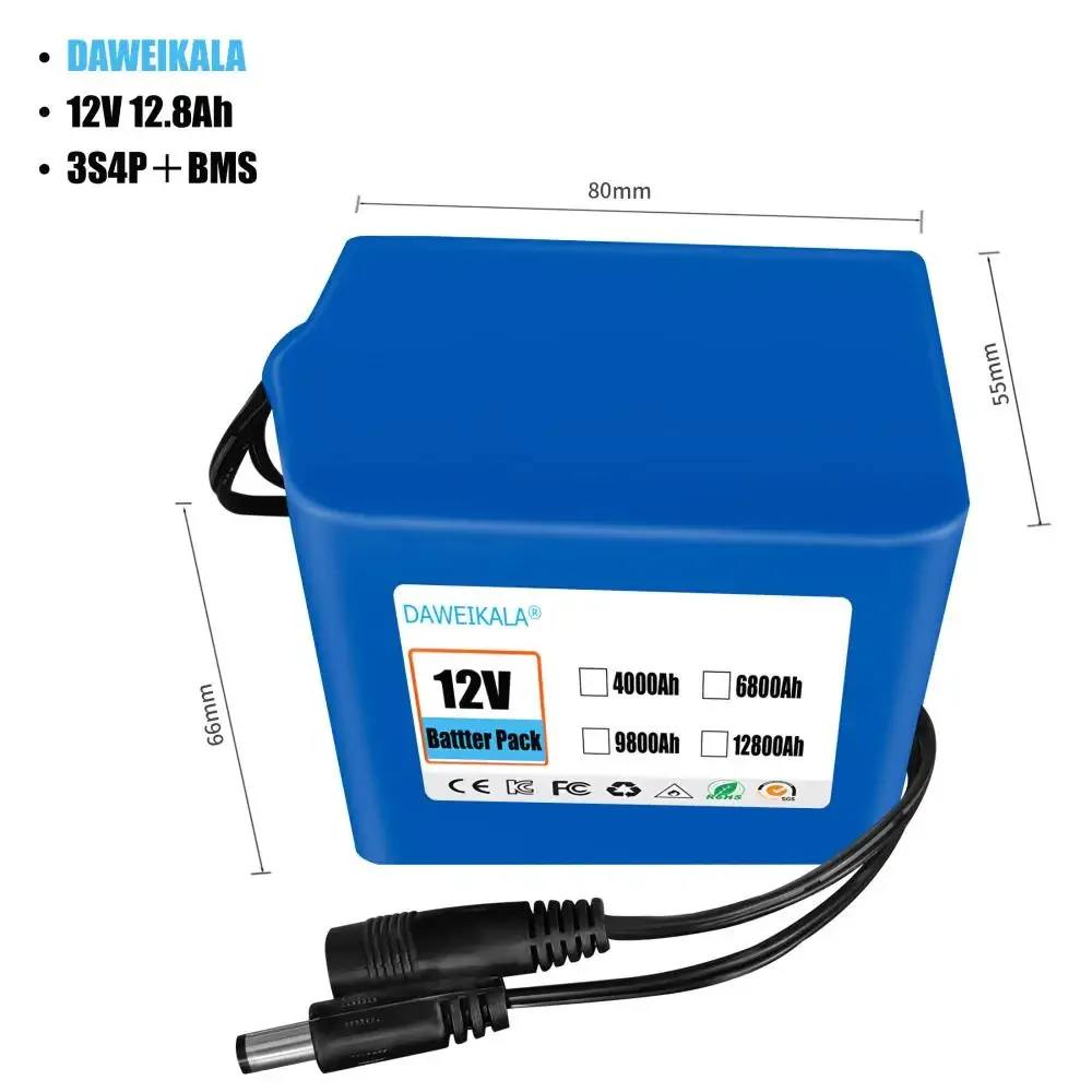 Original Portable Super 12V 12800mah Battery Rechargeable Lithium Ion Battery Pack Capacity DC 12.6v 30Ah CCTV Cam Monitor +: SKY BLUE