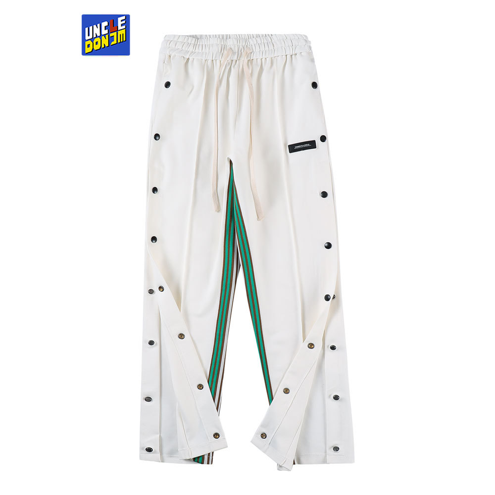 UNCLEDONJM patchwork side striped casual pants men side button slit trousers skateboard sweatpants hip hop pants
