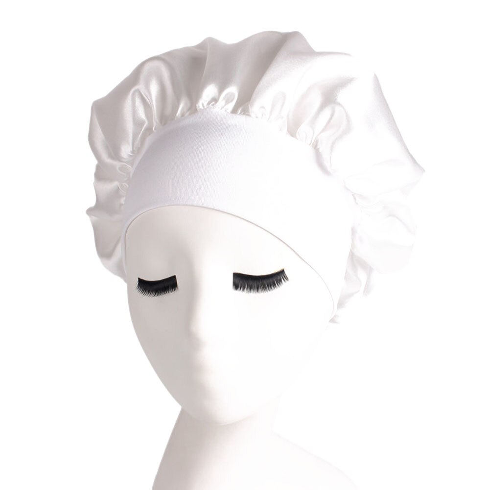 Solid Silk Satin Night Sleep Cap Hair Bonnet Hat Head Cover Wide Band Adjust Elastic: White