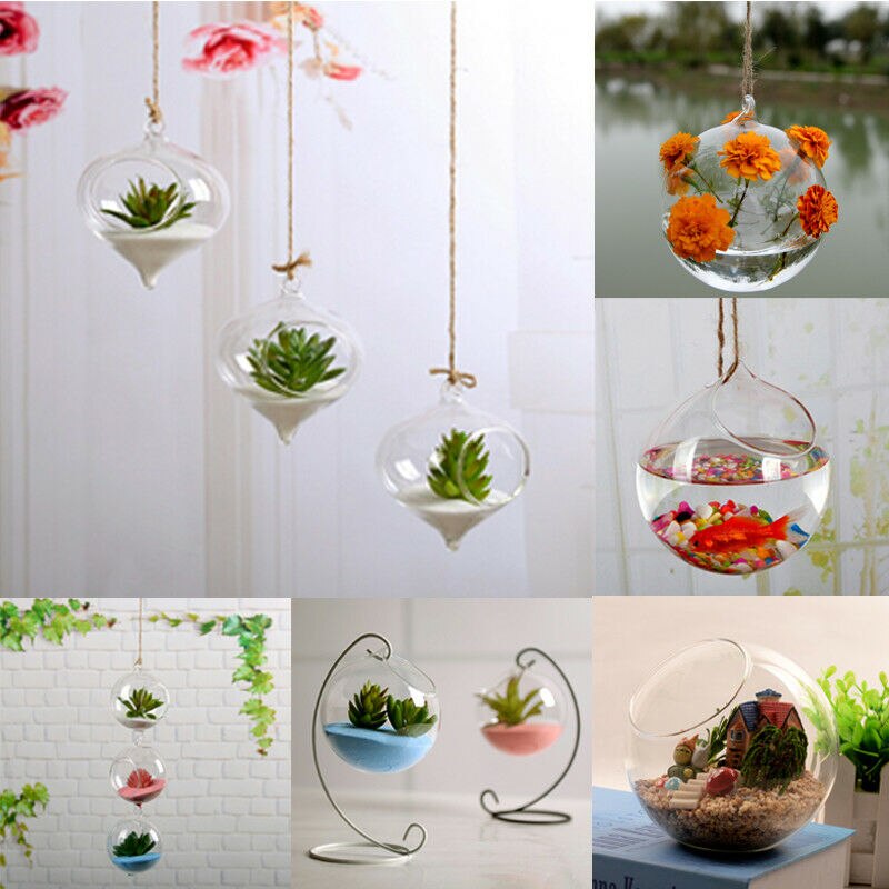 Transparent Clear Glass Flower Plant Stand Hanging Vase Planter Terrarium Container Home Garden Office Decor