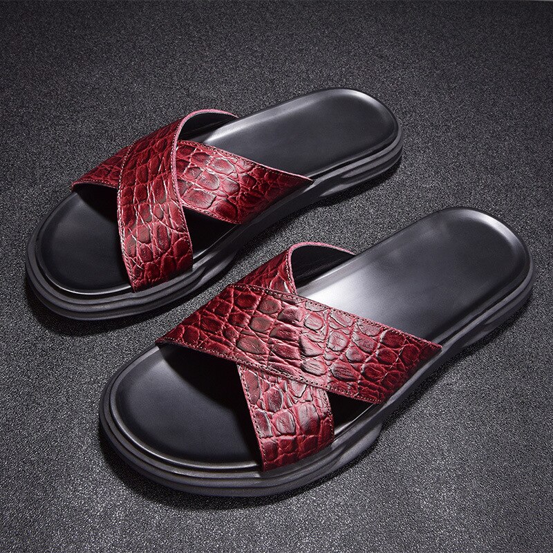 Sandaler mænd rødt blødt læder flade sandaler hjemmesko fritidsspænde strop strandsandaler hjemmesko sommerfodtøj