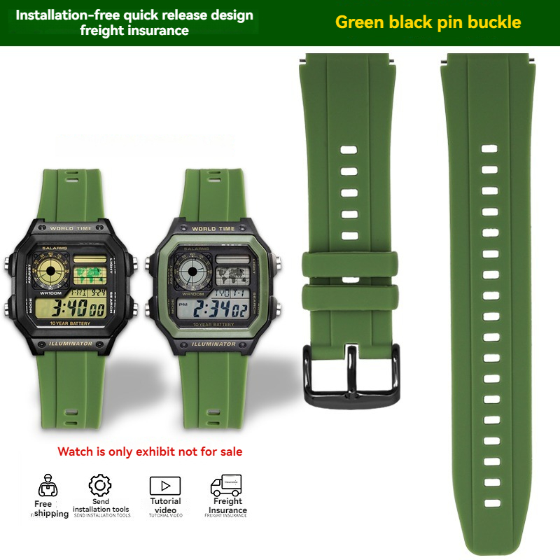 För casio klocka  ae1200 ae-1200 ae1300 sgw 400 sgw -300 a158w a159w silikon gummi klockarmband 18mm sport vattentätt klockarmband: Svartgrön