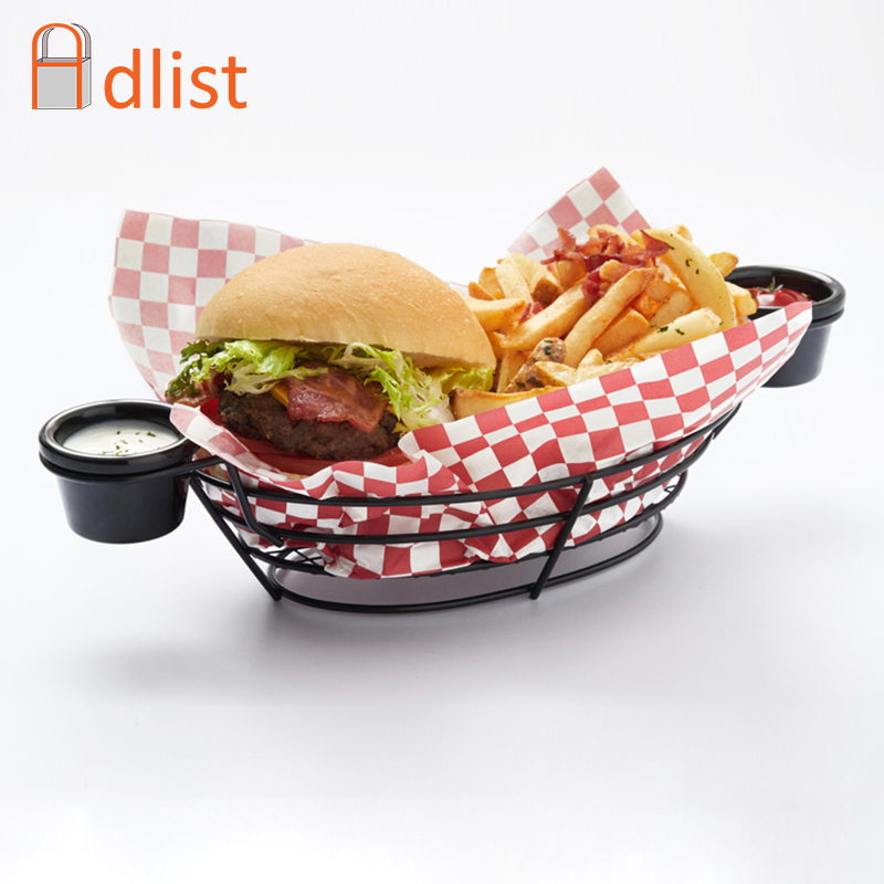 Cesta de comida rápida bandeja para hamburguesas patatas fritas, soporte para servir pan con 2 uds. De taza de condimento, bandeja de barra de almacenamiento para aperitivos de pollo, negro