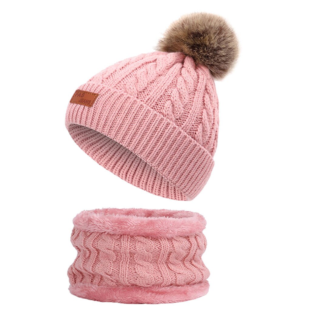 Baby Caps Pompom Hat Crochet Boy Winter Hat Toddler Girl Cap children Winter Warm Beanie Cap with Circle Loop Scarf Set#G30: HOT PINK