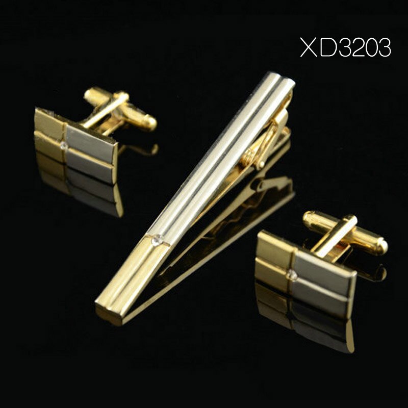Guld bindeclips og manchetknapper sæt til mænd klassiske meter slips klip manchetknapper sæt kobber slips bar gylden slips krave nåle smykker: Xd3203