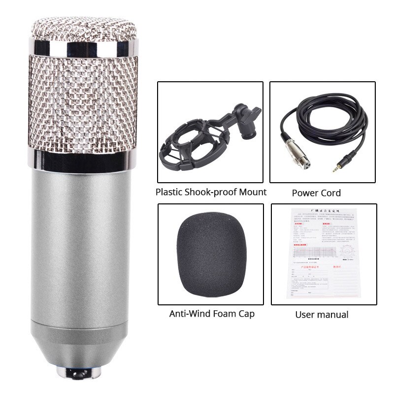 Juego de micrófono condensador bm800 Bm 800, soporte de brazo largo, Karaoke, filtro, Phantom Power: Silver Kit c