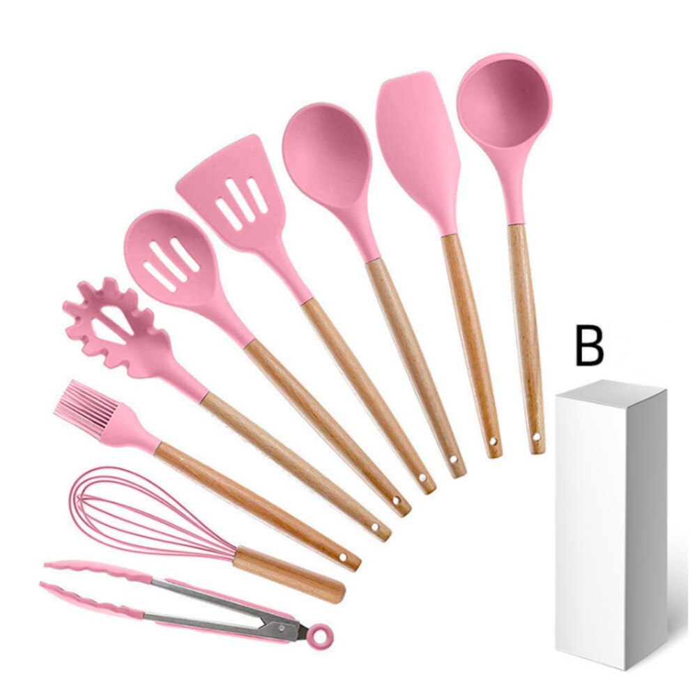 Set van 9 siliconen keukengereedschappen, spatel, spatel, kwast, eierklopper, kookgerei, keukengereedschapset: Set b roze