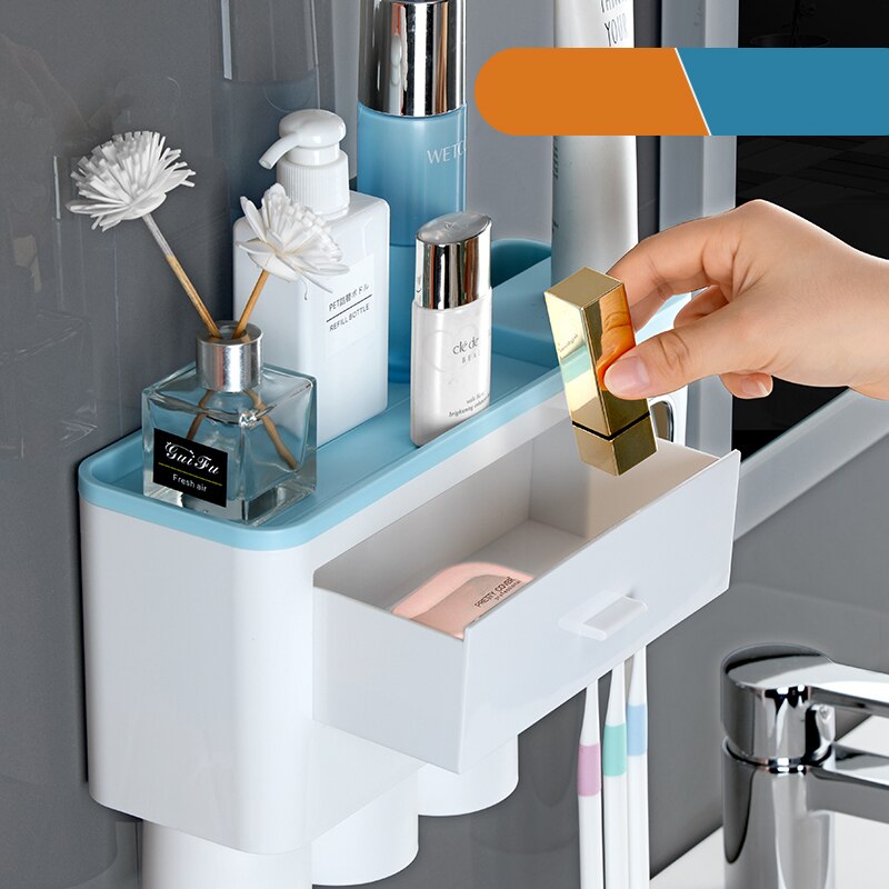 Toothbrush Holder Automatic Toothpaste Dispenser With Cup Wall Mount Toiletries Storage Rack Bathroom Accessories Set