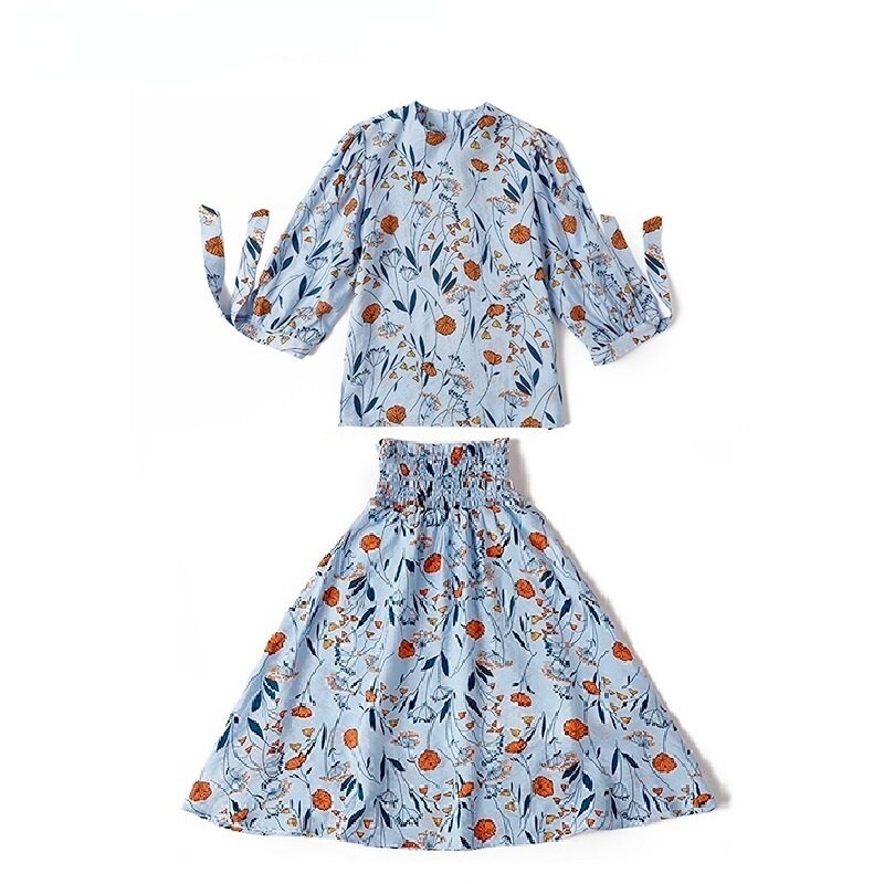 Teen Girls Floral Summer Clothes Set 2022 Big Girl Top Skirt with Cotton Lining Bow Soft Elastic Waist Sister,#7007: light blue set / 14