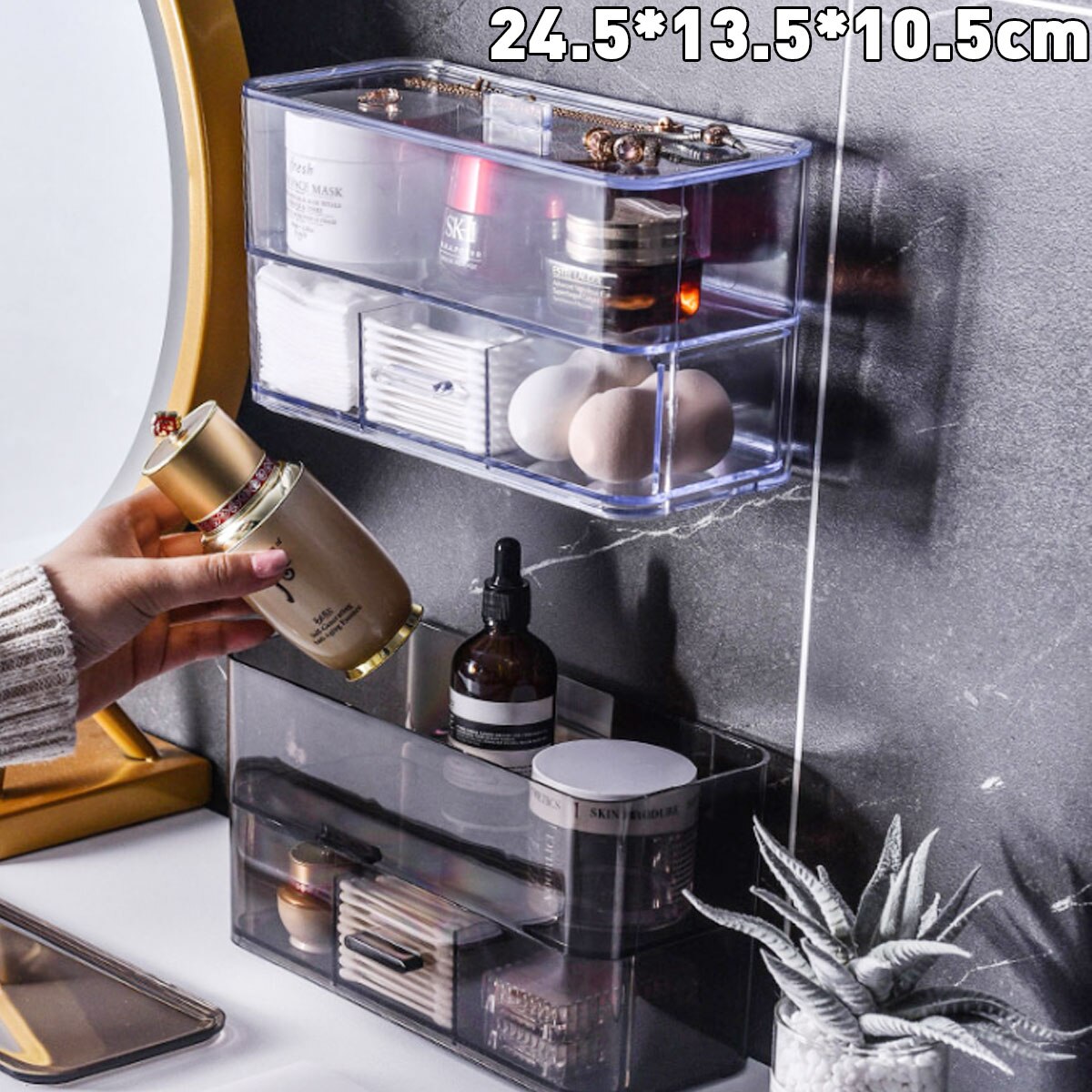 Cosmetic Organizer Storage Box Wall Mounted Clear Makeup Drawers Holder Case 2 Layers Multifunction Makeup Jewelry Storage Box