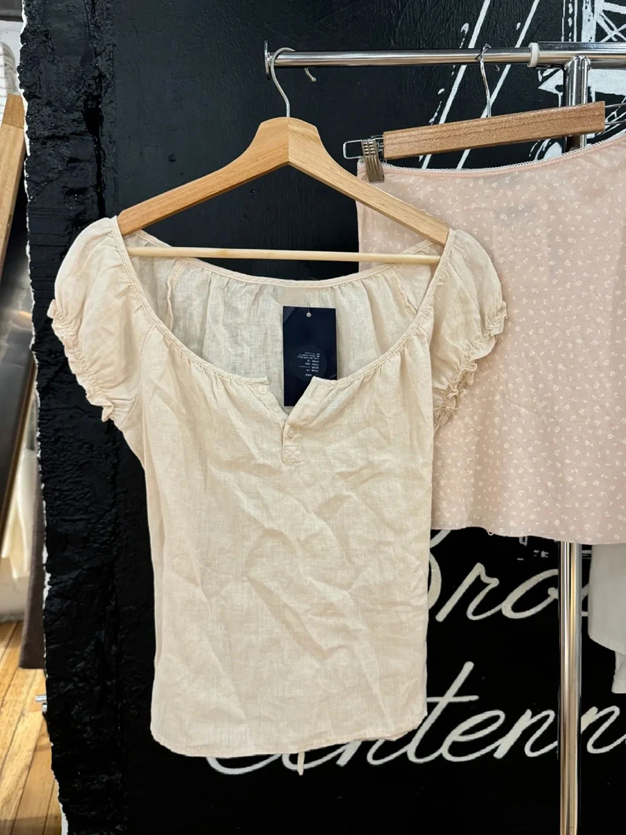 Gule t-shirts med snøre og flæseærmer til kvinder, sommer, enkle, afslappede, hør-bomuld, u-hals, knapper, søde, preppy-stil t-shirts: Hvid