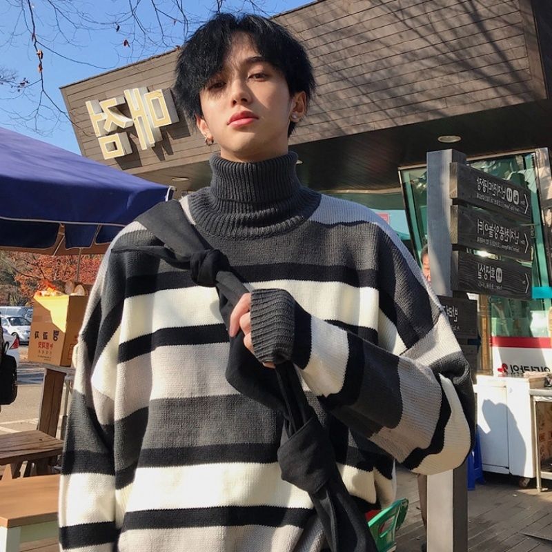 Rullekrave trøjer herre stribet enkel all-match løs 2xl harajuku chic koreansk herre tøj strikning moderigtigt: 843 grå / L