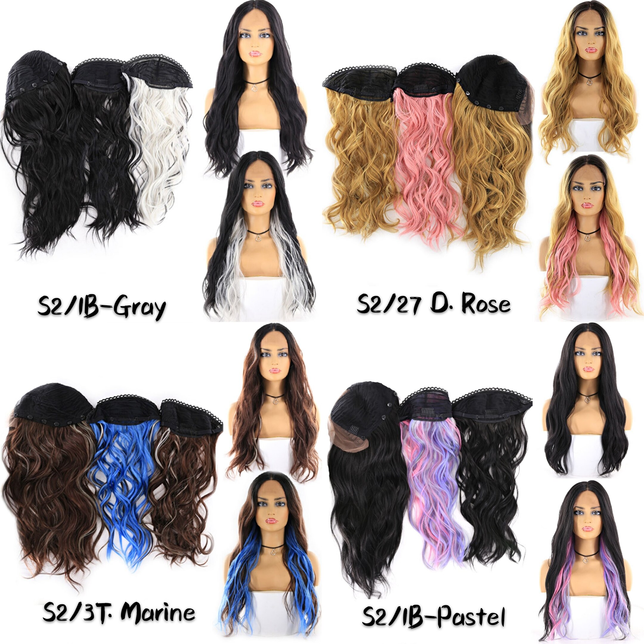Split Color 2 Part Splice Wig Ombre Brown and Pink Trendy Lace Front Wigs Long Natural Wave Hair X-TRESS Heat Resistant Fibre