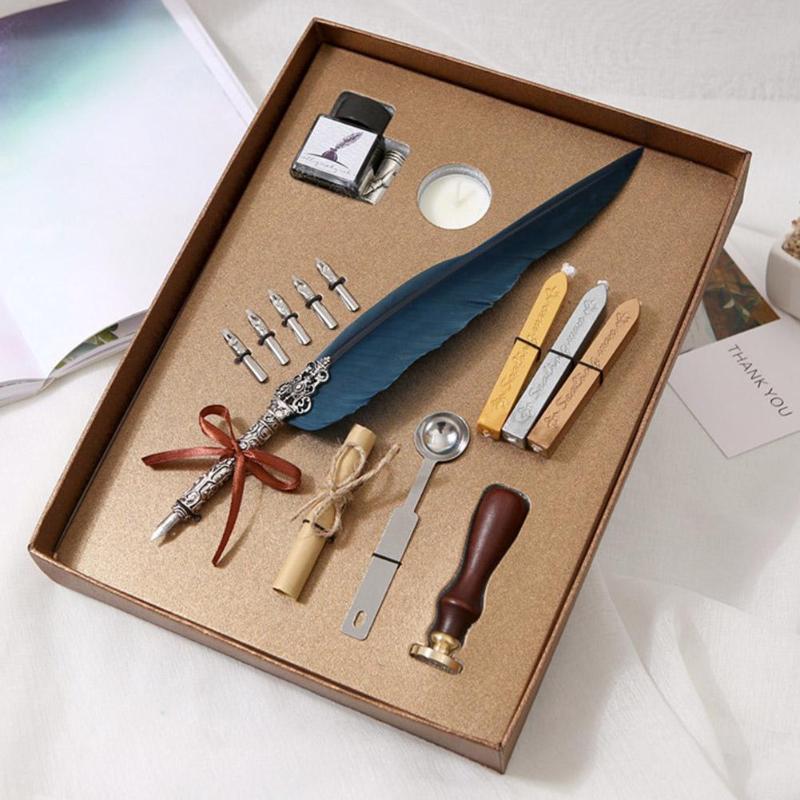 1set Retro Vintage Calligraphy Feather Dip Pen Writing Ink Set Stationery Quill Fountain Pens Vintage Pen