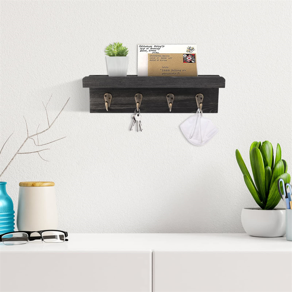 Portallaves de madera de granja, soporte de correo montado en la pared con 4 ganchos para llaves, estante decorativo de entrada para llaves, correa de perro