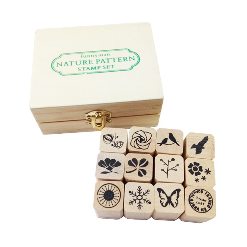 12 Pcs/set Kawaii Nature Pattern Stamps Sets Wooden Rubber Stamp for Scrapbooking Stationery Painting Cards Decor