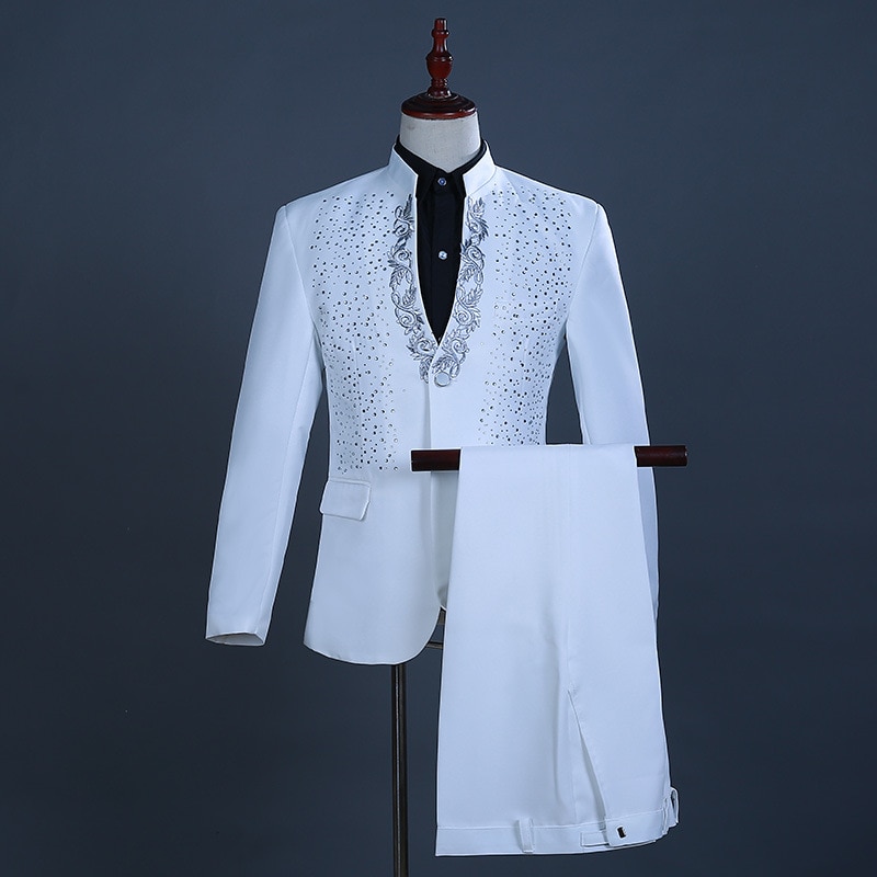 Witte Diamant Stand Kraag 2 Stuk Smoking Pak Mannen Borduren Party Wedding Suits met Broek Podium Zanger Kostuum Homme
