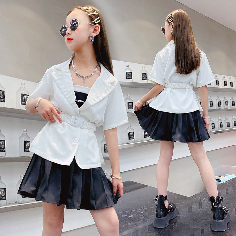 Ropa coreana para niñas, Chaqueta de traje de manga corta, Color blanco y negro, chaquetas de para adolescentes, abrigos con cinturón de 5, 6, 8, 10 y 12 años